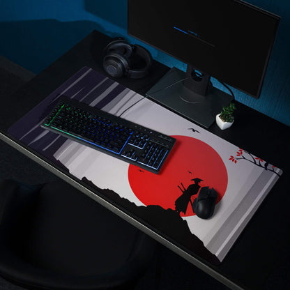 Red Sun Samurai Desk Pad - Samurai Silhouette Red Black Gray Gaming Pad Dramatic Zen Minimalist Papercut