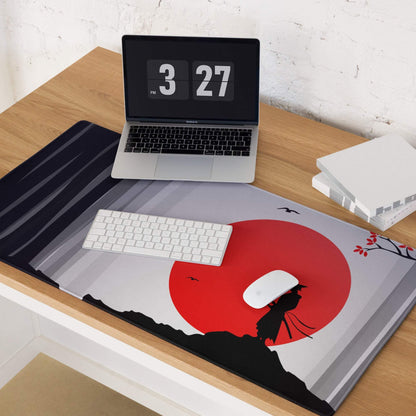 Red Sun Samurai Desk Pad - Samurai Silhouette Red Black Gray Gaming Pad Dramatic Zen Minimalist Papercut
