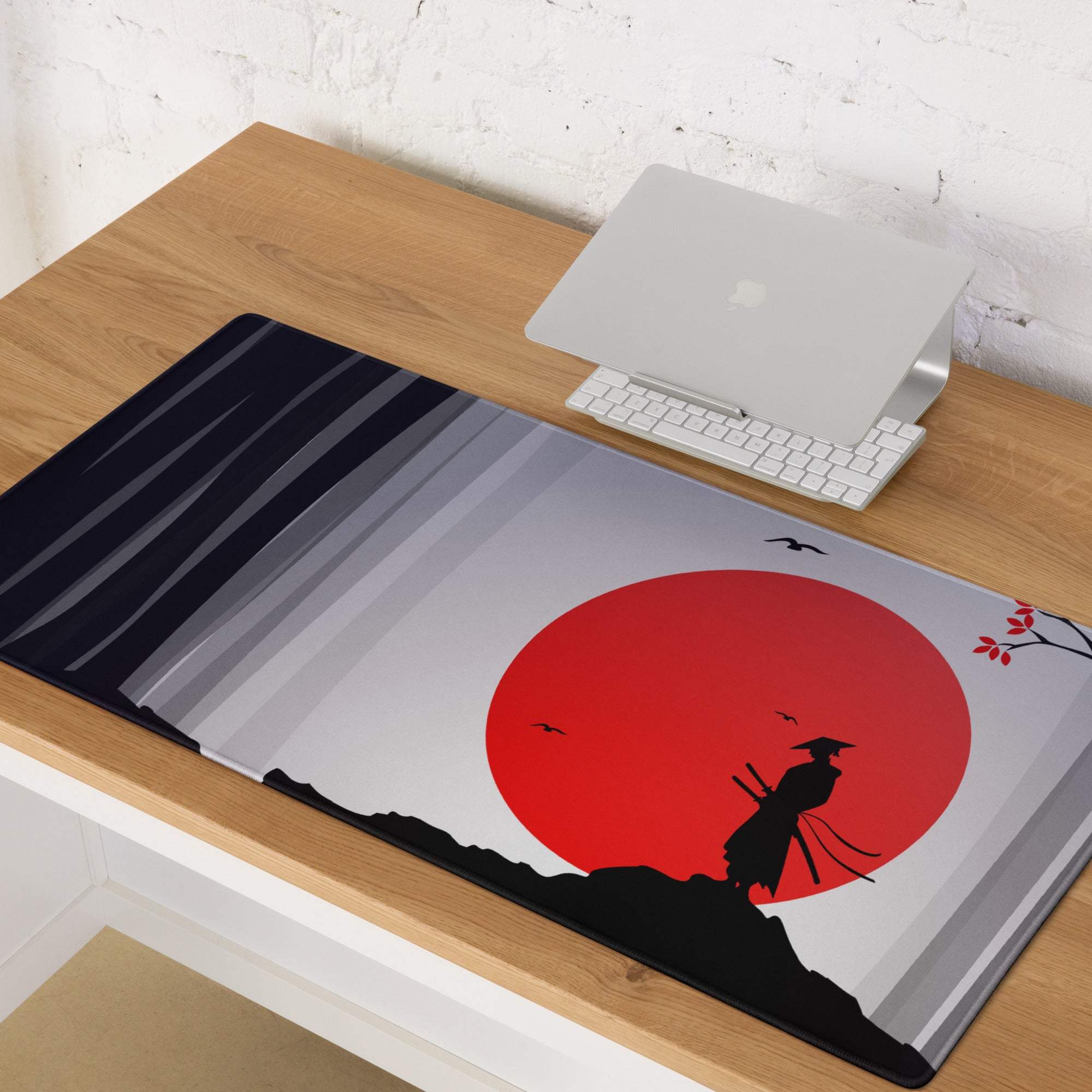 Red Sun Samurai Desk Pad - Samurai Silhouette Red Black Gray Gaming Pad Dramatic Zen Minimalist Papercut