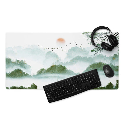Verdant Mist Landscape Gaming Pad - Gaming Mouse Pad Green Blue Watercolor Calm Mood Nature Decor Desk Mat Watercolor