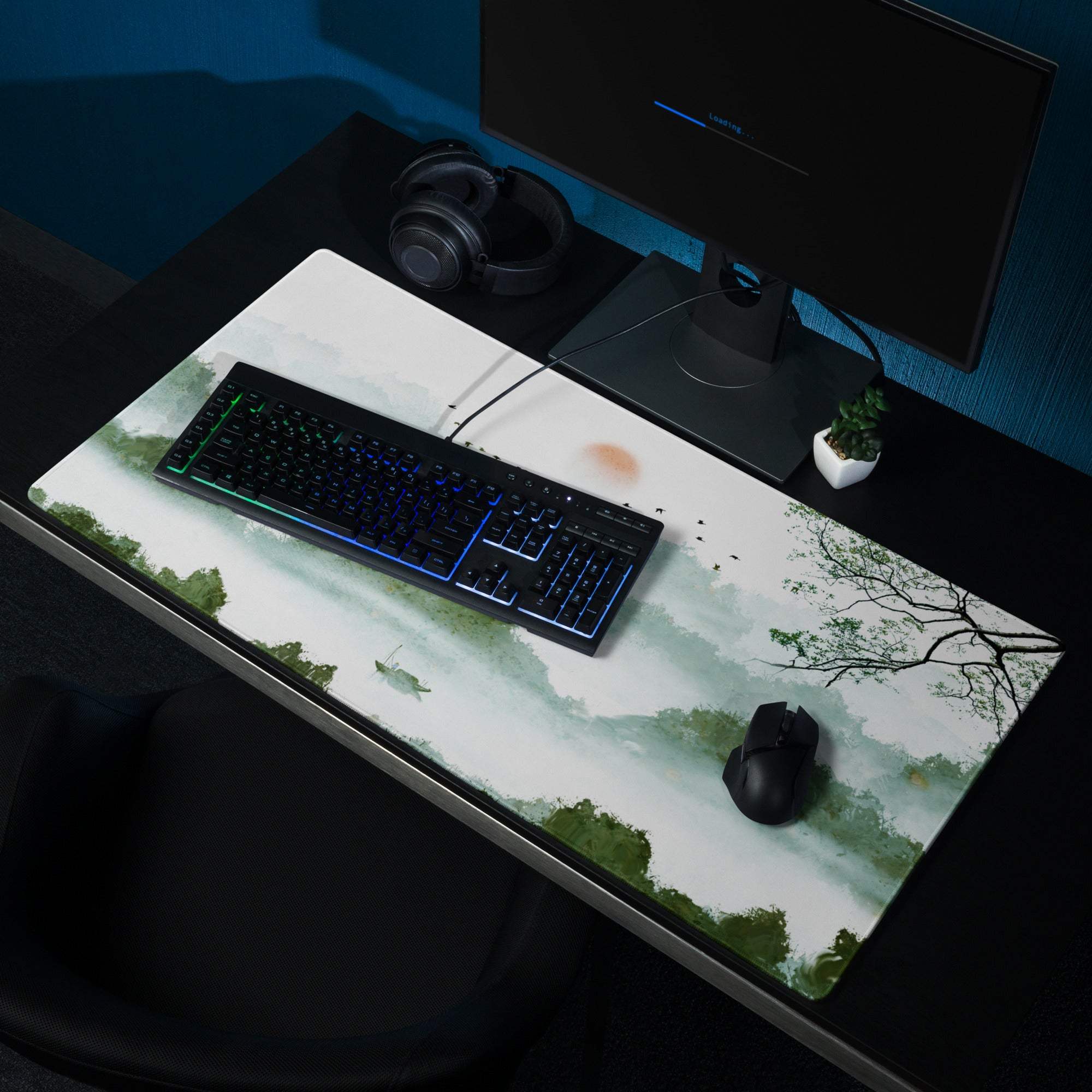 Verdant Mist Landscape Gaming Pad - Gaming Mouse Pad Green Blue Watercolor Calm Mood Nature Decor Desk Mat Watercolor