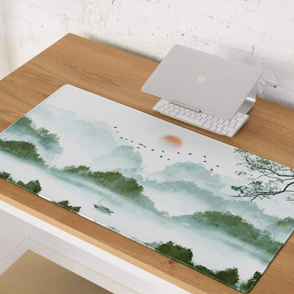 Verdant Mist Landscape Gaming Pad - Gaming Mouse Pad Green Blue Watercolor Calm Mood Nature Decor Desk Mat Watercolor