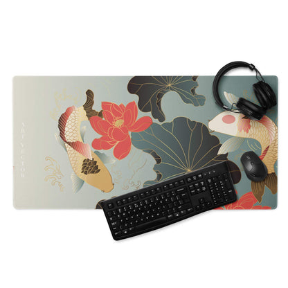 Koi Floral Gaming Mouse Pad - Gaming Mouse Pad Blue Gray Gold Desk Office Floral Koi Style Mood Calm Modern Decor Floral
