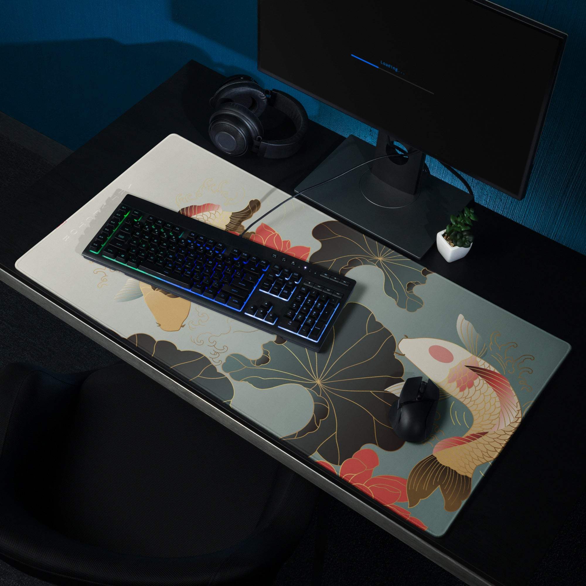 Koi Floral Gaming Mouse Pad - Gaming Mouse Pad Blue Gray Gold Desk Office Floral Koi Style Mood Calm Modern Decor Floral