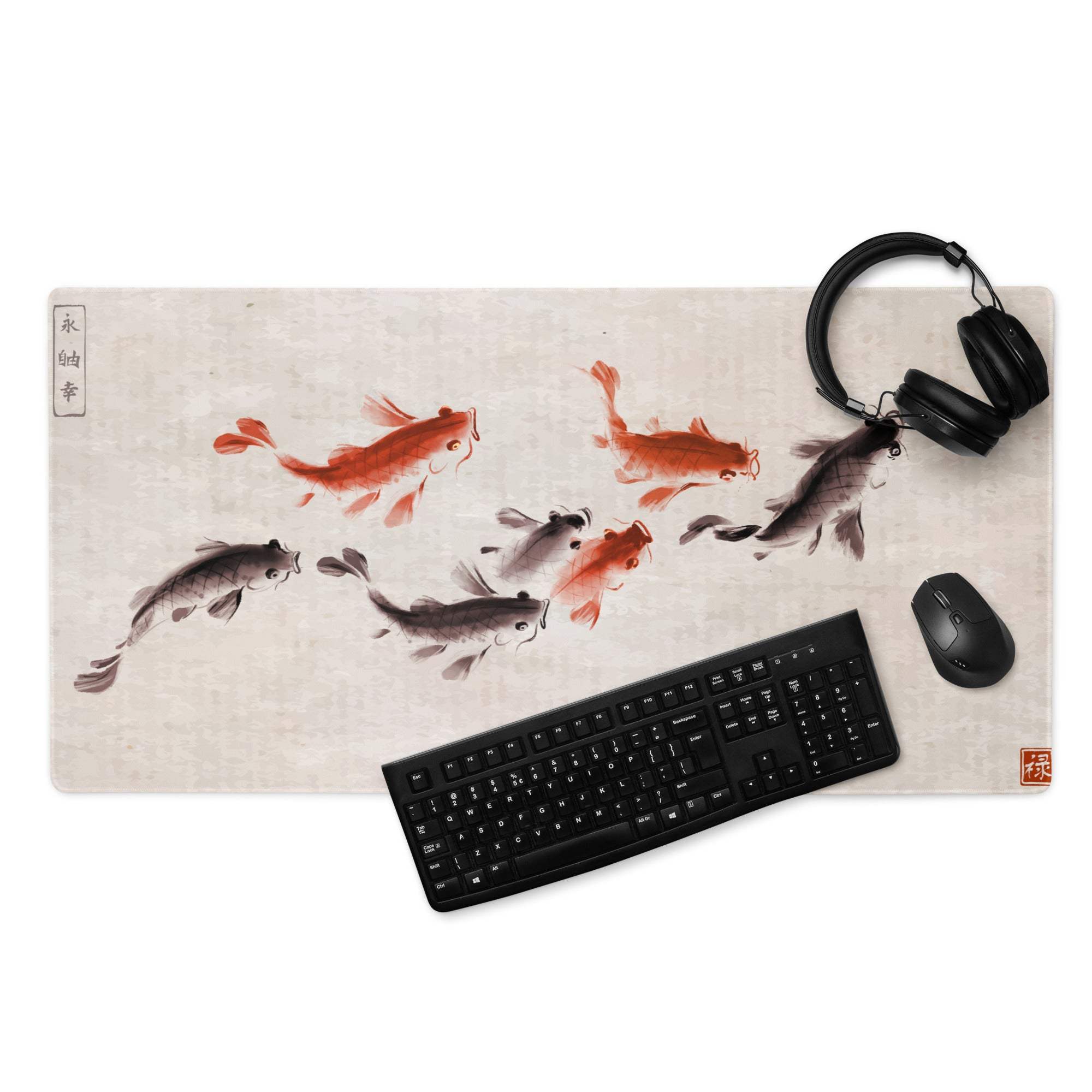 Koi Harmony Desk Mat - Koi Fish Beige Ink Wash Office Gaming Non-Slip Desk Mat - Calm Zen Mood Minimalist Japanese Decor