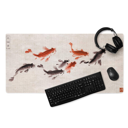 Koi Harmony Desk Mat - Koi Fish Beige Ink Wash Office Gaming Non-Slip Desk Mat - Calm Zen Mood Minimalist Japanese Decor