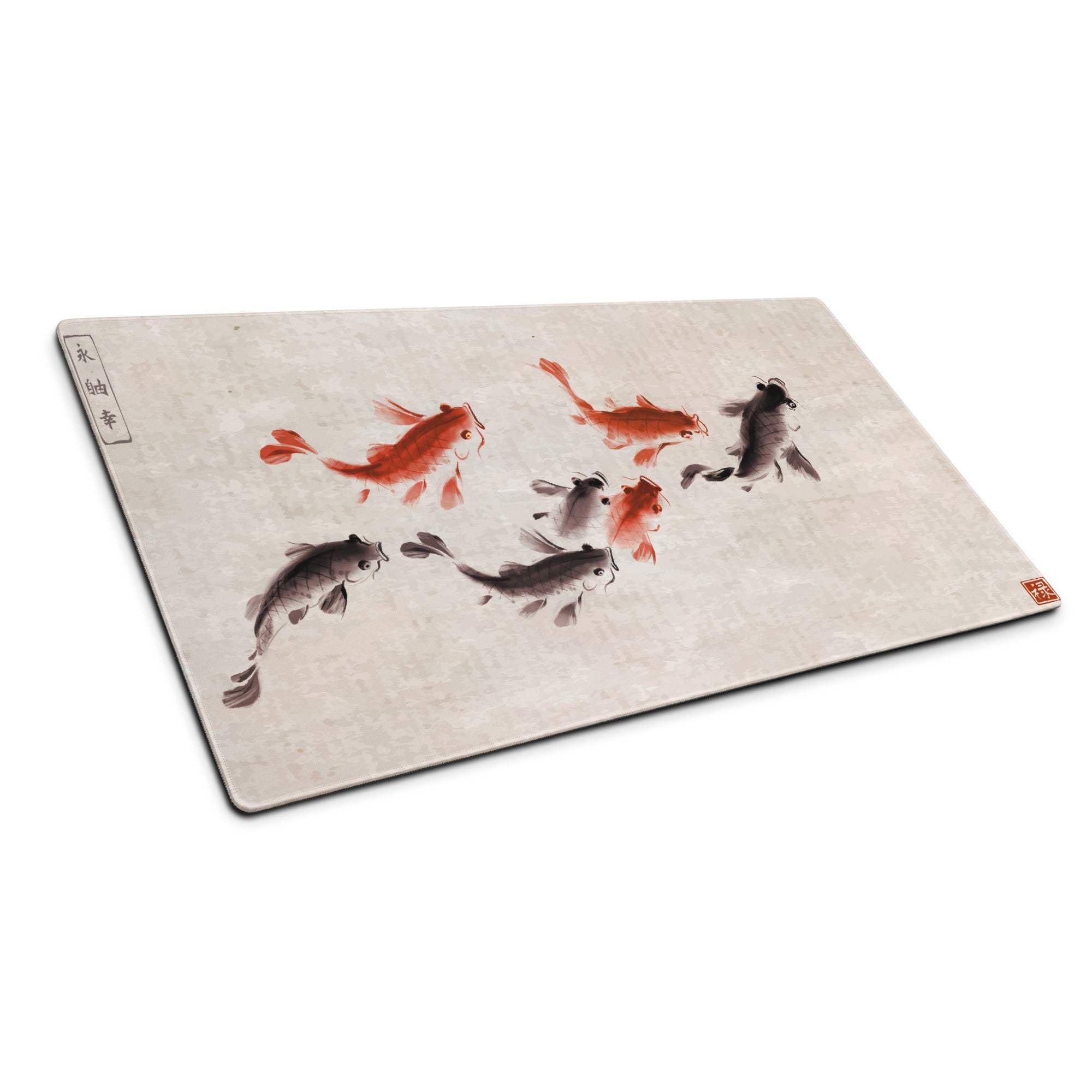 Koi Harmony Desk Mat - Koi Fish Beige Ink Wash Office Gaming Non-Slip Desk Mat - Calm Zen Mood Minimalist Japanese Decor