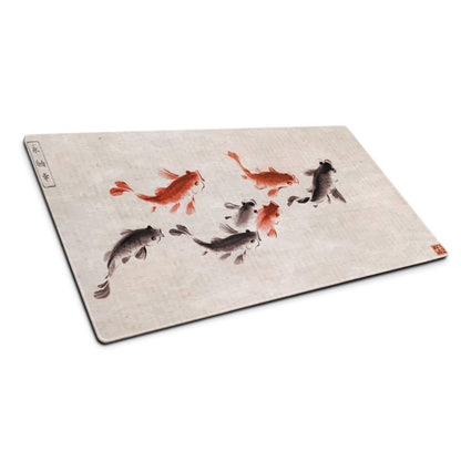 Koi Harmony Desk Mat - Koi Fish Beige Ink Wash Office Gaming Non-Slip Desk Mat - Calm Zen Mood Minimalist Japanese Decor