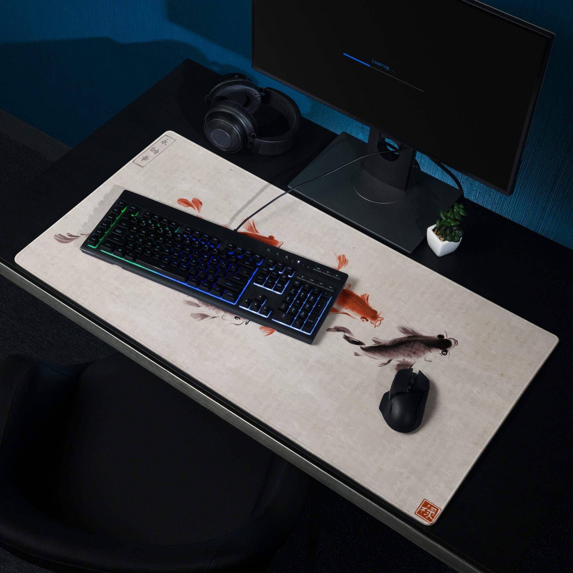 Koi Harmony Desk Mat - Koi Fish Beige Ink Wash Office Gaming Non-Slip Desk Mat - Calm Zen Mood Minimalist Japanese Decor