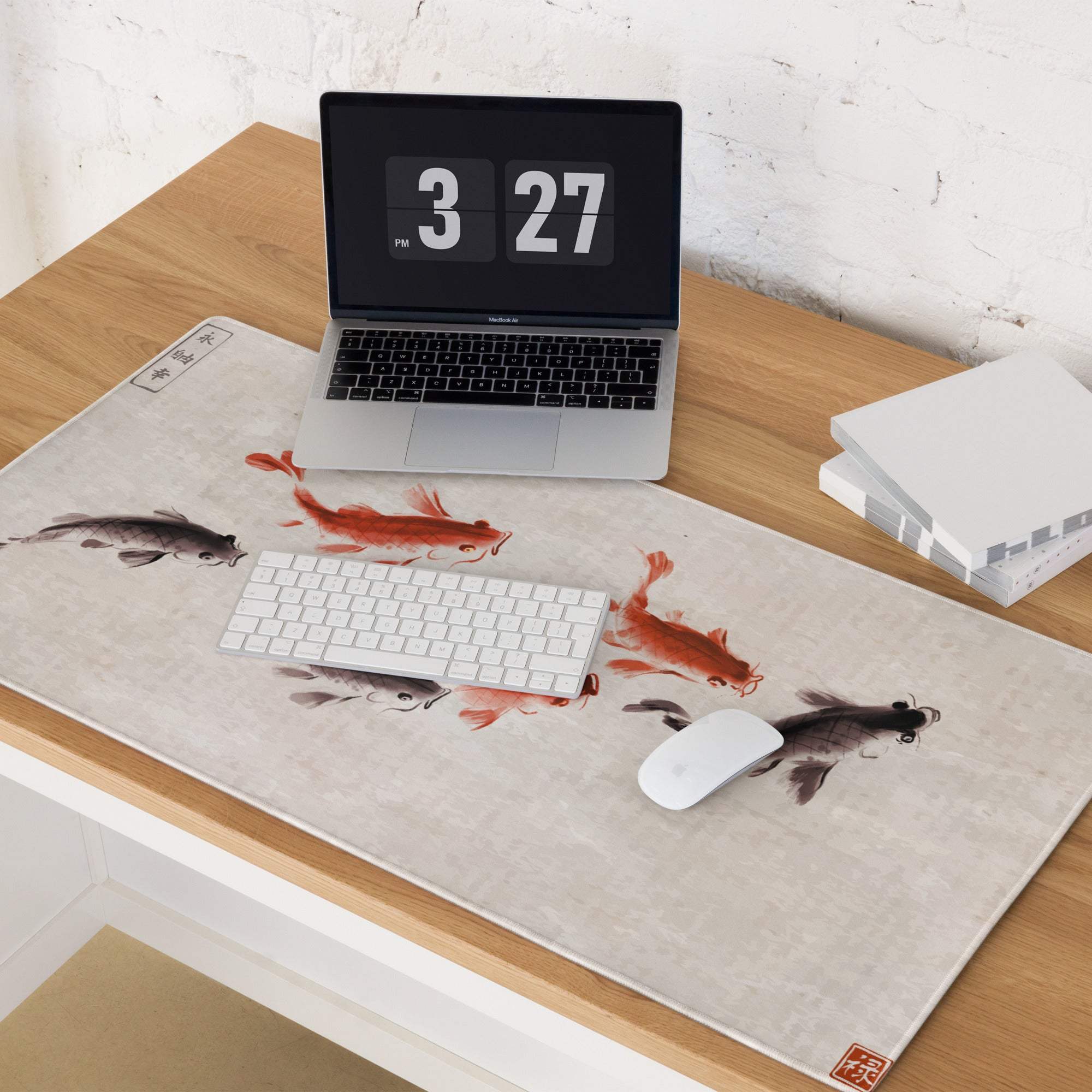 Koi Harmony Desk Mat - Koi Fish Beige Ink Wash Office Gaming Non-Slip Desk Mat - Calm Zen Mood Minimalist Japanese Decor