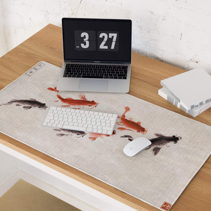 Koi Harmony Desk Mat - Koi Fish Beige Ink Wash Office Gaming Non-Slip Desk Mat - Calm Zen Mood Minimalist Japanese Decor