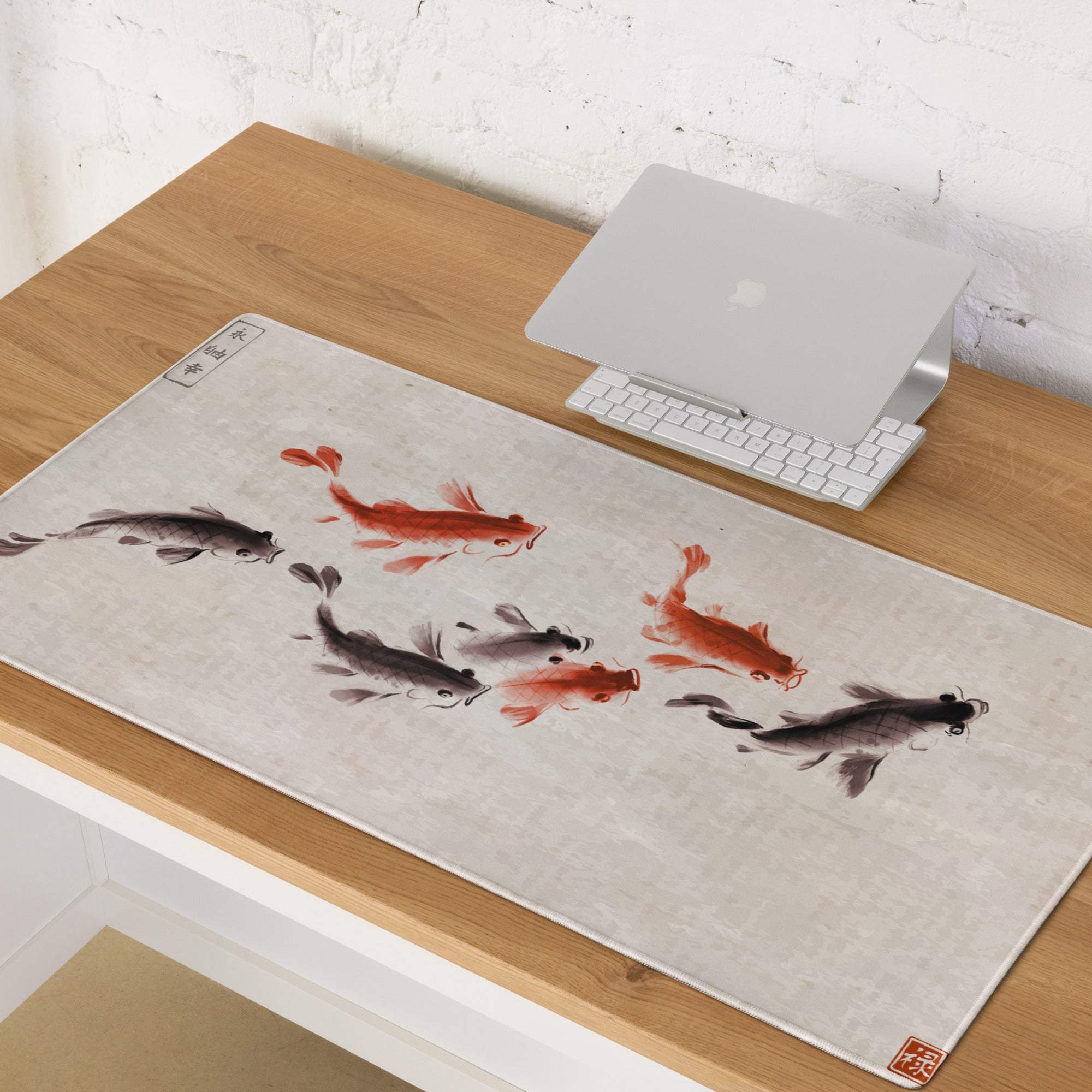 Koi Harmony Desk Mat - Koi Fish Beige Ink Wash Office Gaming Non-Slip Desk Mat - Calm Zen Mood Minimalist Japanese Decor