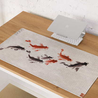 Koi Harmony Desk Mat - Koi Fish Beige Ink Wash Office Gaming Non-Slip Desk Mat - Calm Zen Mood Minimalist Japanese Decor