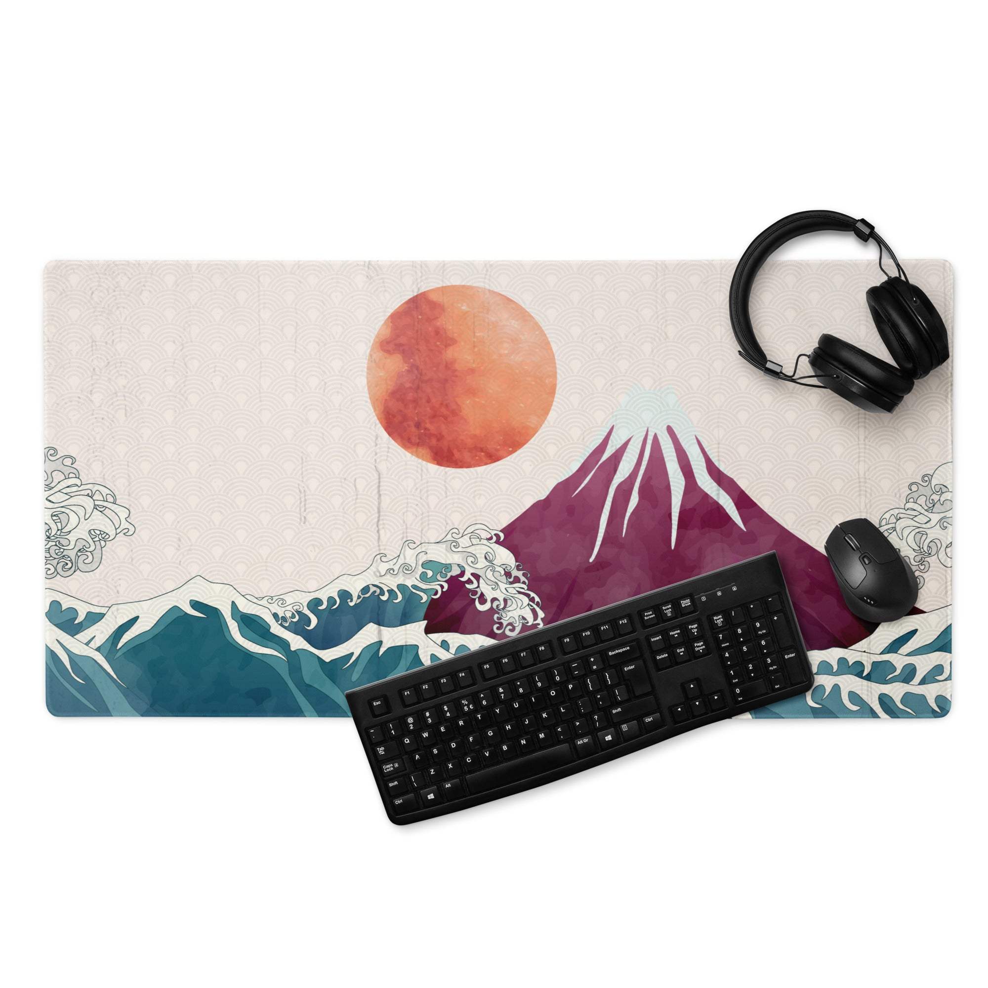 Mount Fuji Wave Desk Pad - Mouse Pad Teal Orange Desk Ukiyoe Vibrant Mood Japanese Inspired Decor Style Print