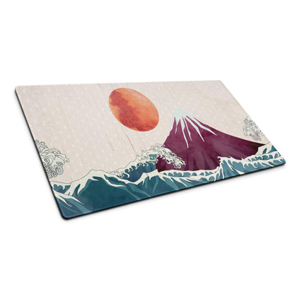 Mount Fuji Wave Desk Pad - Mouse Pad Teal Orange Desk Ukiyoe Vibrant Mood Japanese Inspired Decor Style Print