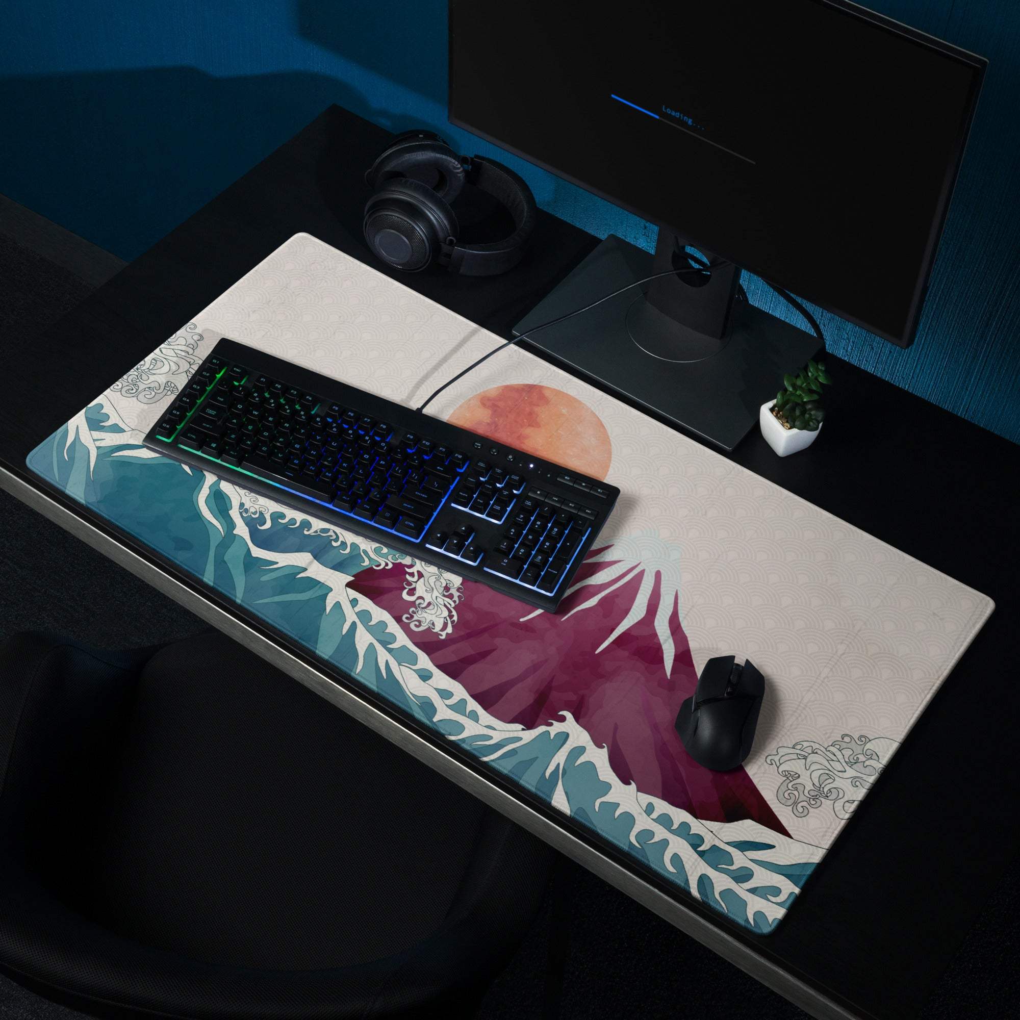 Mount Fuji Wave Desk Pad - Mouse Pad Teal Orange Desk Ukiyoe Vibrant Mood Japanese Inspired Decor Style Print