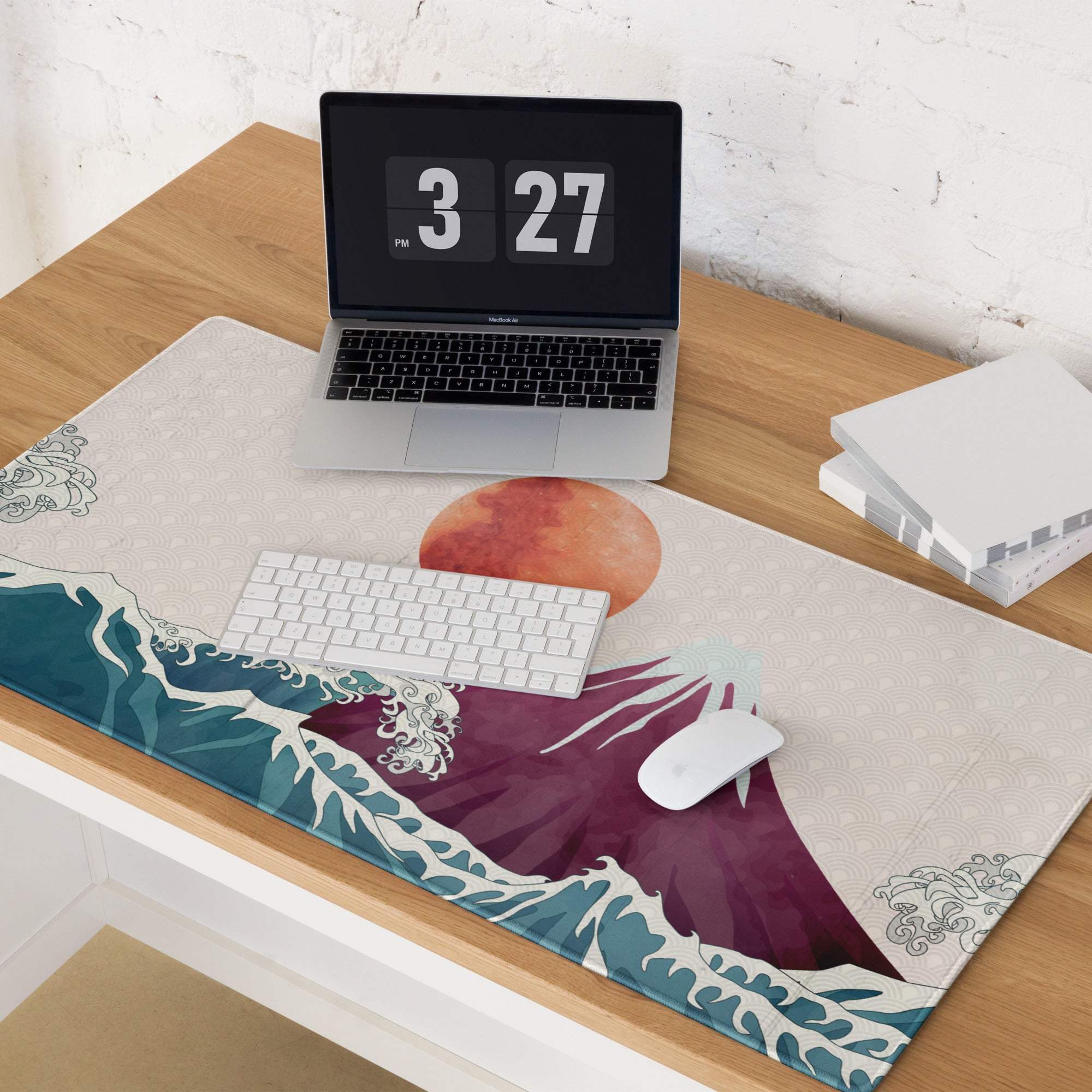 Mount Fuji Wave Desk Pad - Mouse Pad Teal Orange Desk Ukiyoe Vibrant Mood Japanese Inspired Decor Style Print