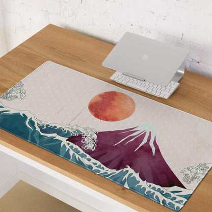 Mount Fuji Wave Desk Pad - Mouse Pad Teal Orange Desk Ukiyoe Vibrant Mood Japanese Inspired Decor Style Print