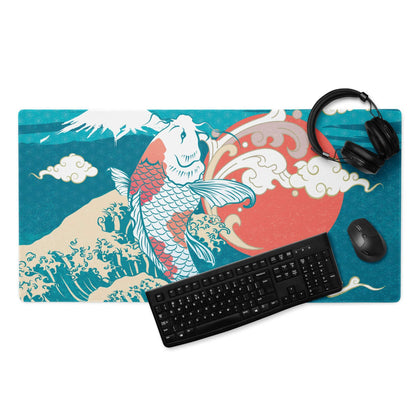 Koi Waves Gaming Mouse Pad - Koi Waves Mouse Pad Blue Teal Red Gaming Desk Ukiyoe Vibrant Mood Modern Desk Mat