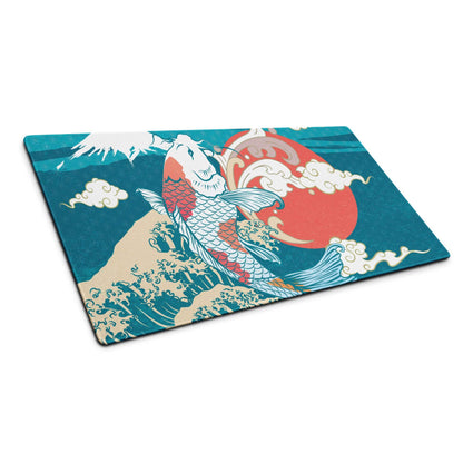 Koi Waves Gaming Mouse Pad - Koi Waves Mouse Pad Blue Teal Red Gaming Desk Ukiyoe Vibrant Mood Modern Desk Mat