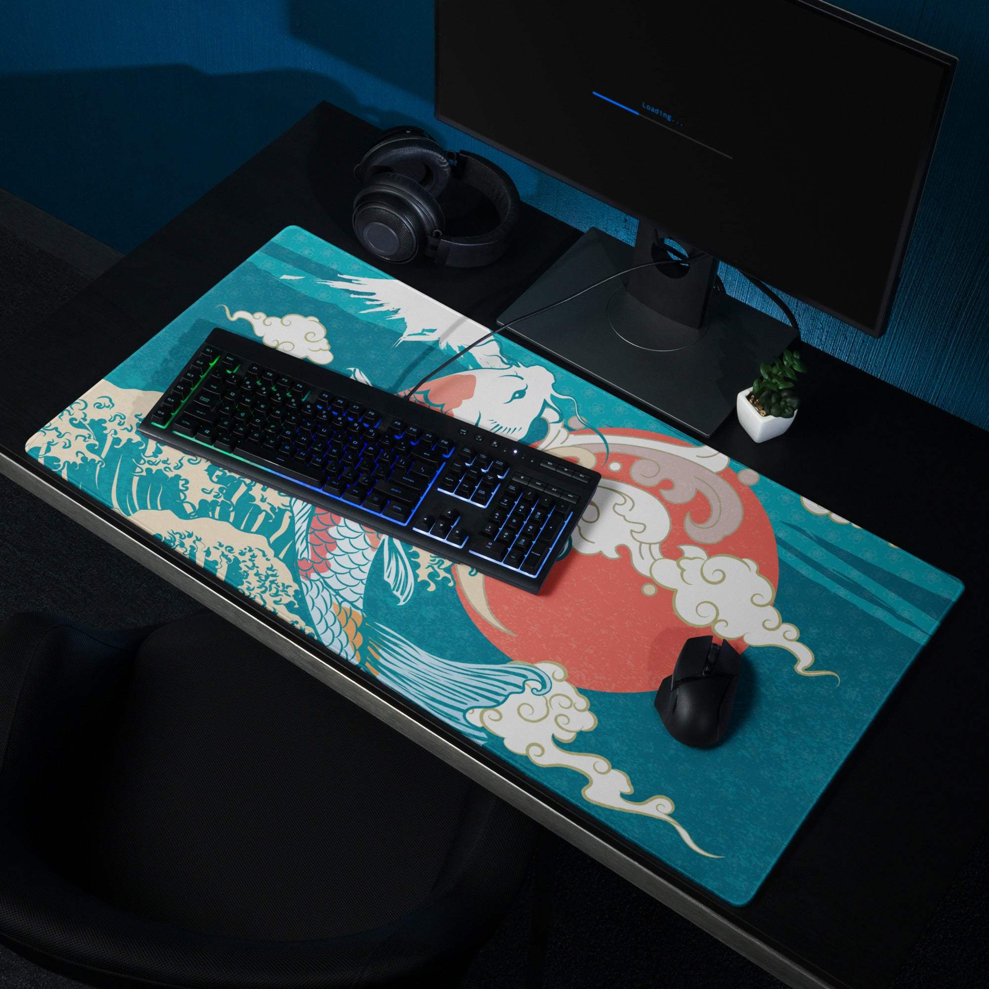 Koi Waves Gaming Mouse Pad - Koi Waves Mouse Pad Blue Teal Red Gaming Desk Ukiyoe Vibrant Mood Modern Desk Mat