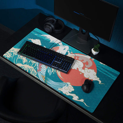 Koi Waves Gaming Mouse Pad - Koi Waves Mouse Pad Blue Teal Red Gaming Desk Ukiyoe Vibrant Mood Modern Desk Mat