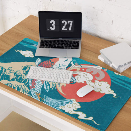Koi Waves Gaming Mouse Pad - Koi Waves Mouse Pad Blue Teal Red Gaming Desk Ukiyoe Vibrant Mood Modern Desk Mat
