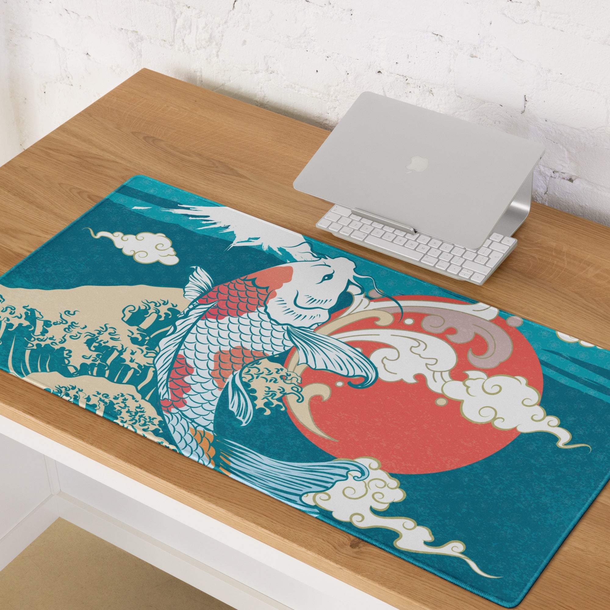 Koi Waves Gaming Mouse Pad - Koi Waves Mouse Pad Blue Teal Red Gaming Desk Ukiyoe Vibrant Mood Modern Desk Mat