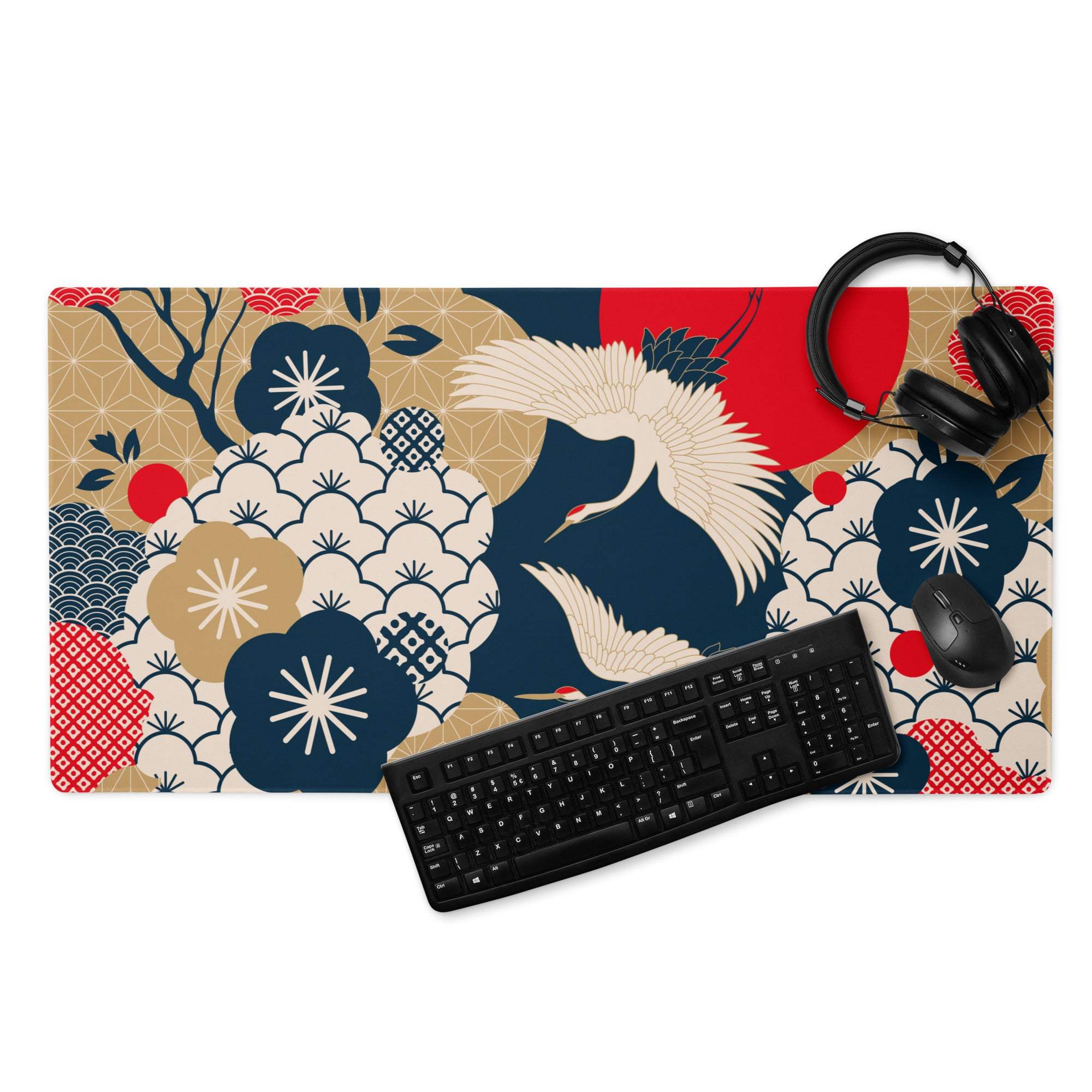 Navy Gold Floral Gaming Mouse Pad - Gaming Mouse Pad Navy Blue Gold Beige Floral Desk Vibrant Mood Modern Floral Print