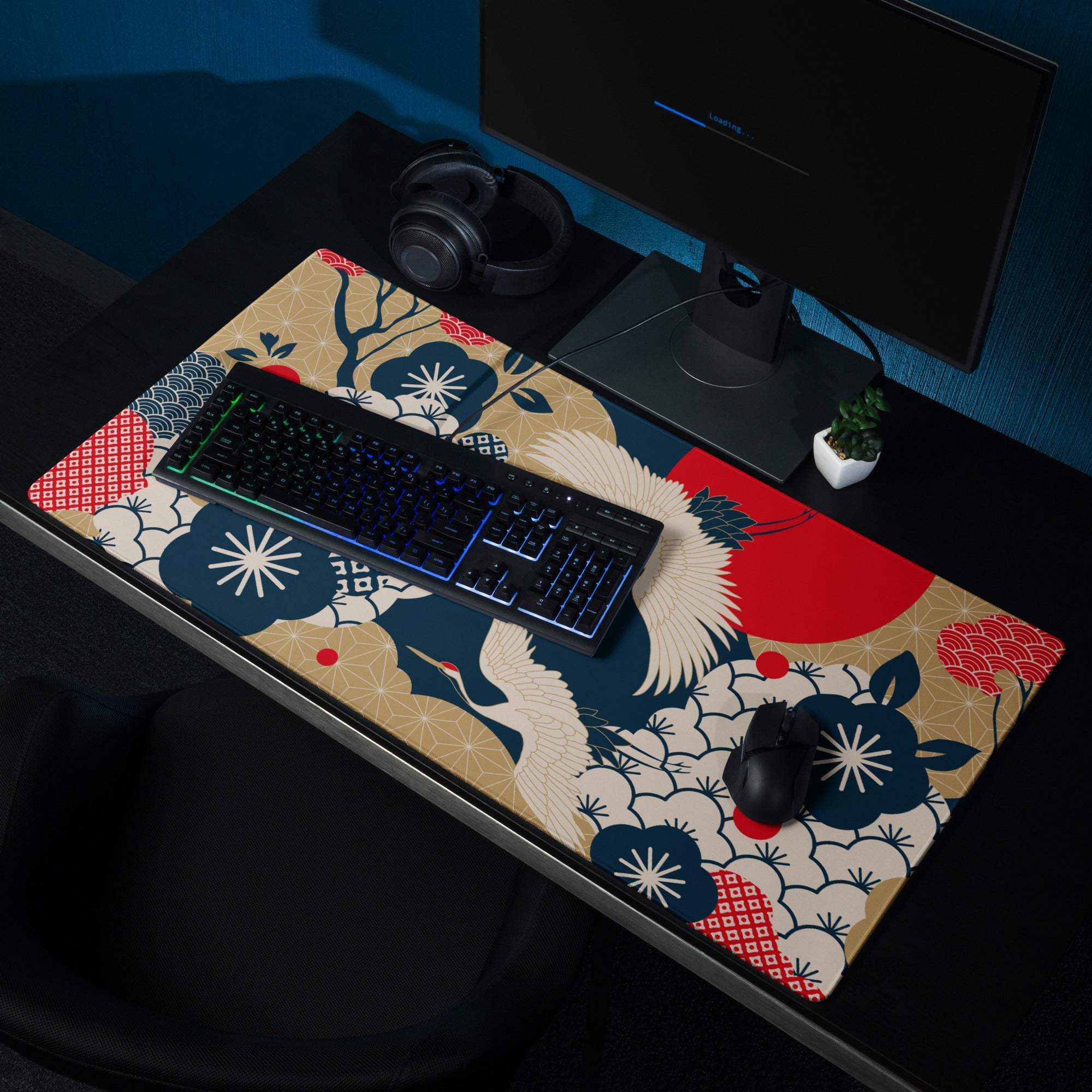 Navy Gold Floral Gaming Mouse Pad - Gaming Mouse Pad Navy Blue Gold Beige Floral Desk Vibrant Mood Modern Floral Print