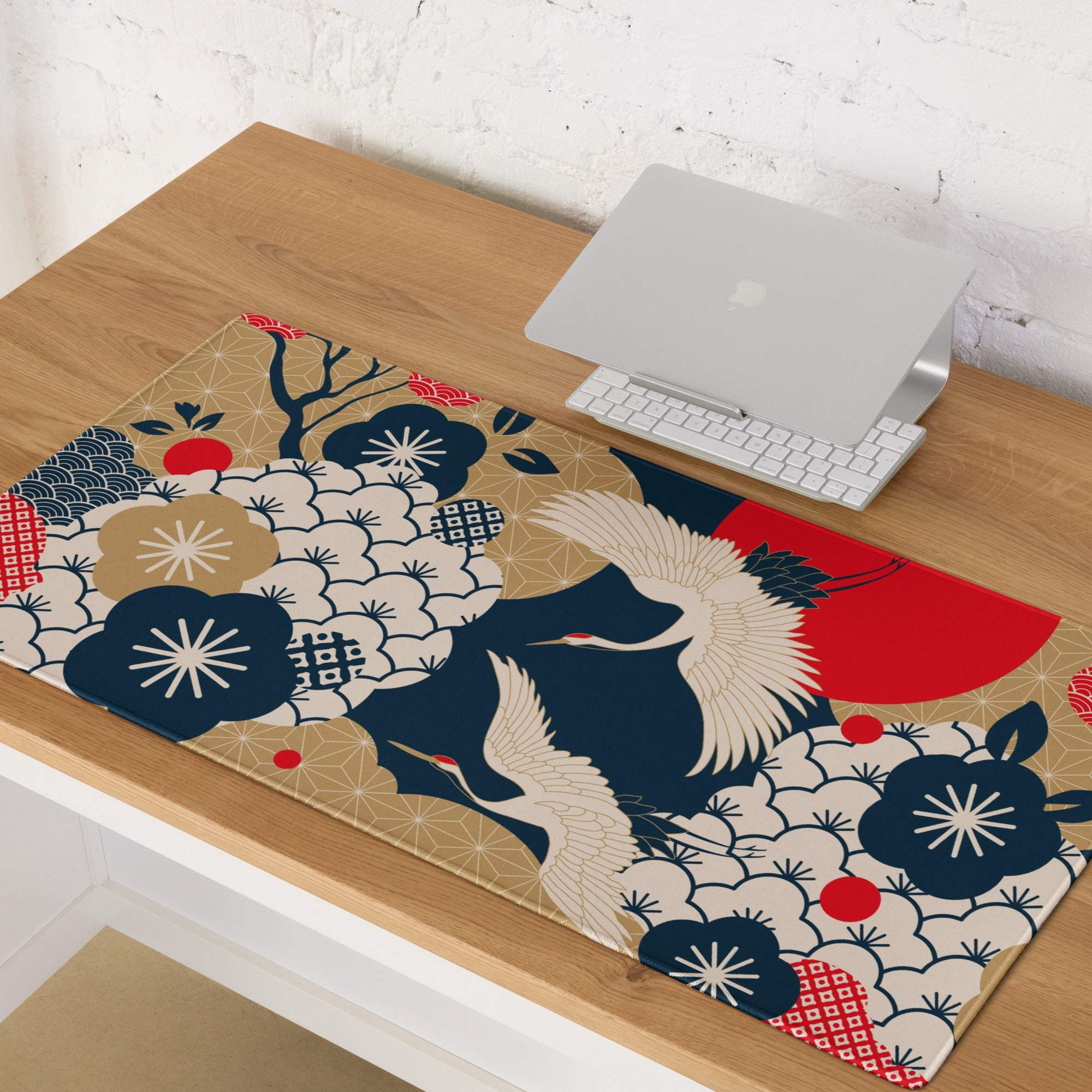 Navy Gold Floral Gaming Mouse Pad - Gaming Mouse Pad Navy Blue Gold Beige Floral Desk Vibrant Mood Modern Floral Print