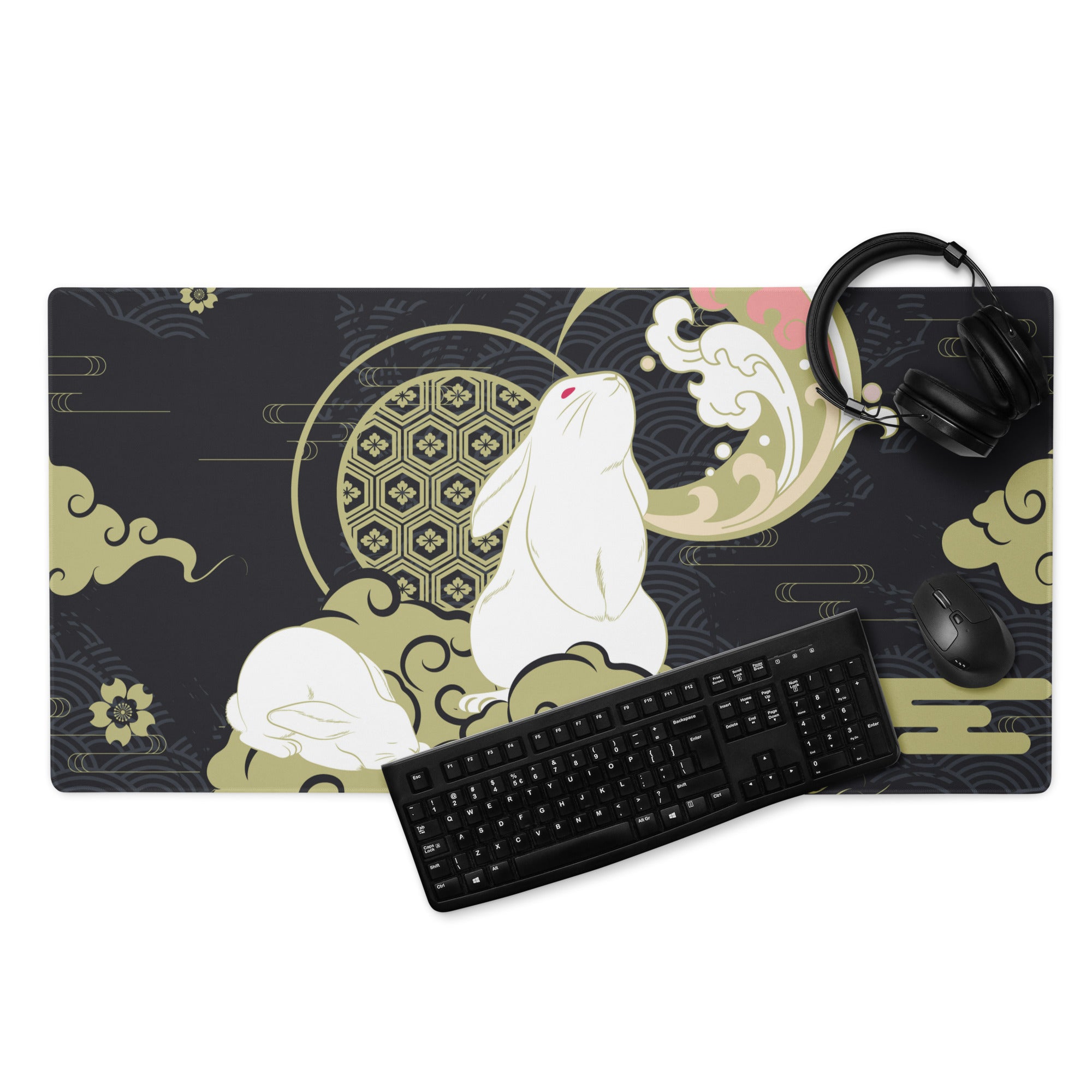 Moon Rabbit Ukiyo Style Gaming Pad - Gaming Mouse Pad Black Gold Ivory Desk Ukiyoe Desk Mat For Gamers Digital Print