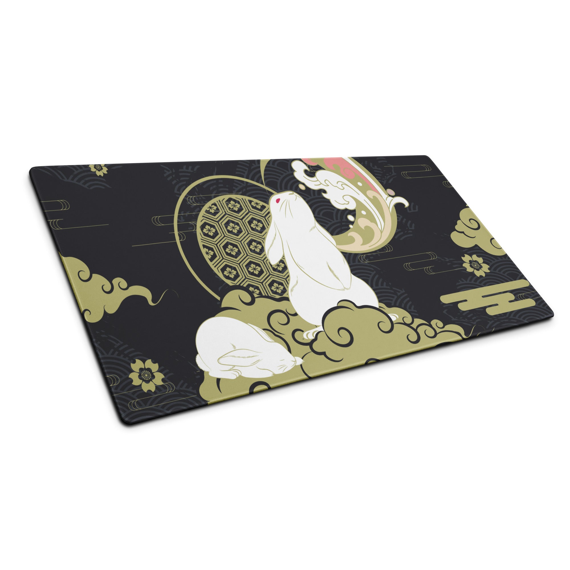 Moon Rabbit Ukiyo Style Gaming Pad - Gaming Mouse Pad Black Gold Ivory Desk Ukiyoe Desk Mat For Gamers Digital Print
