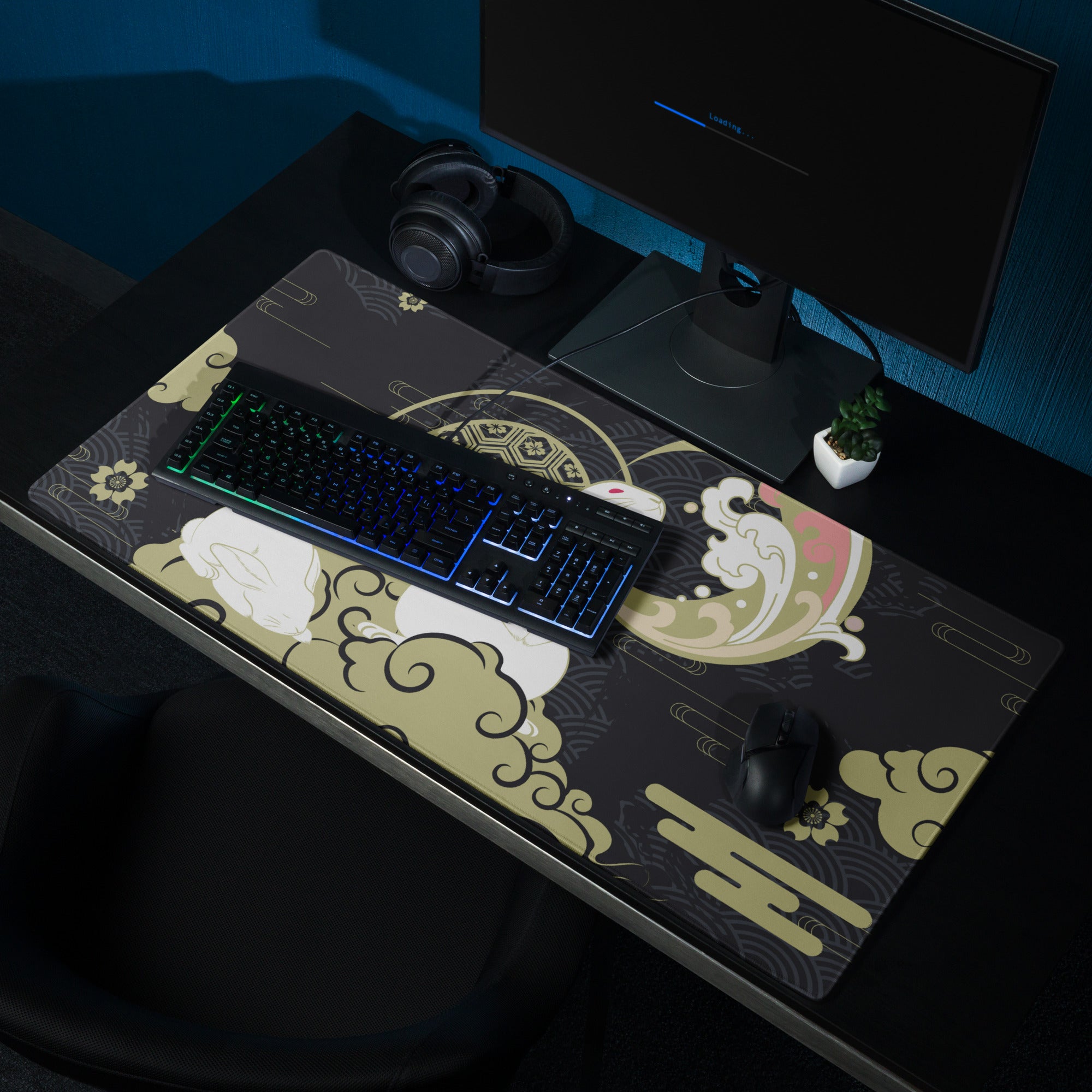 Moon Rabbit Ukiyo Style Gaming Pad - Gaming Mouse Pad Black Gold Ivory Desk Ukiyoe Desk Mat For Gamers Digital Print