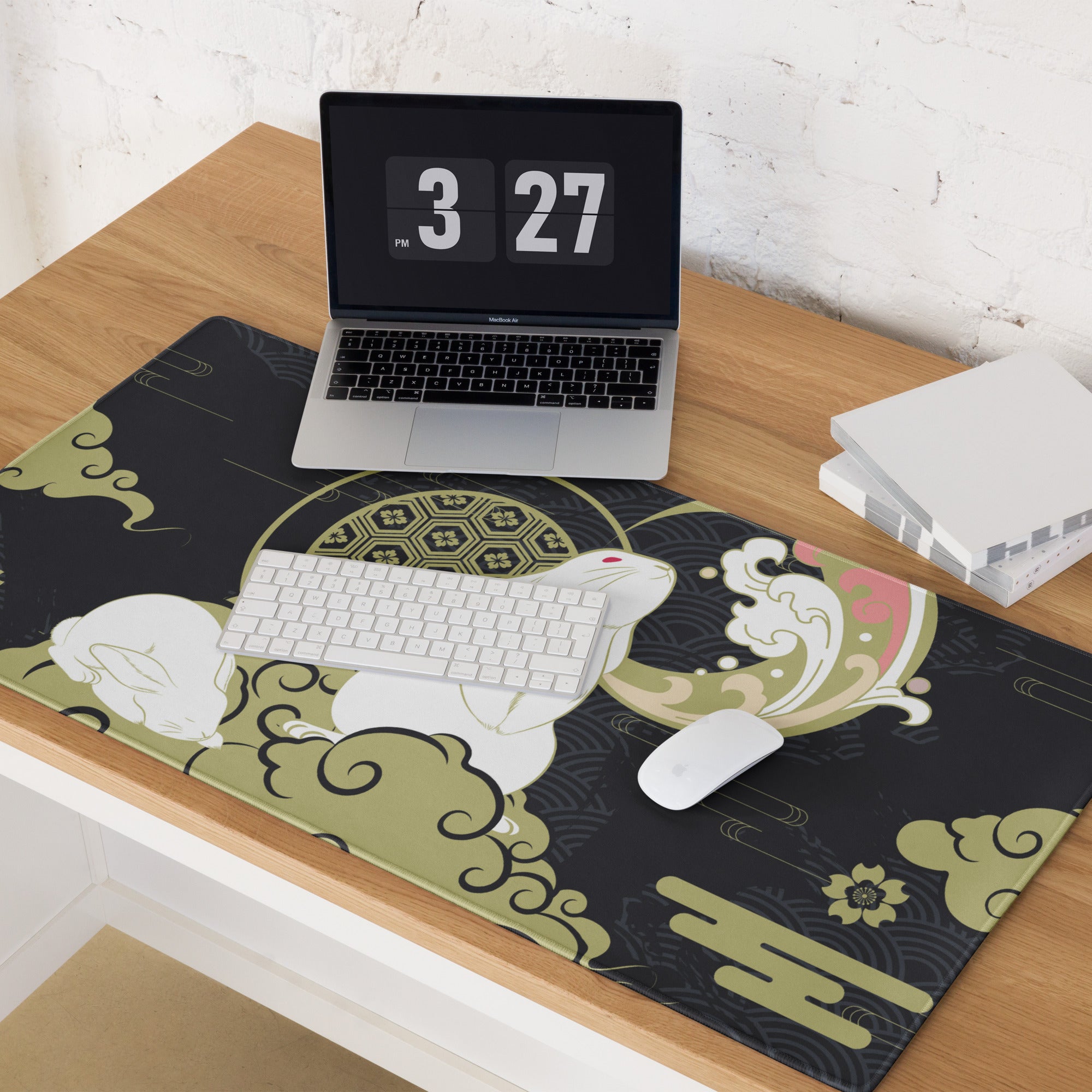 Moon Rabbit Ukiyo Style Gaming Pad - Gaming Mouse Pad Black Gold Ivory Desk Ukiyoe Desk Mat For Gamers Digital Print