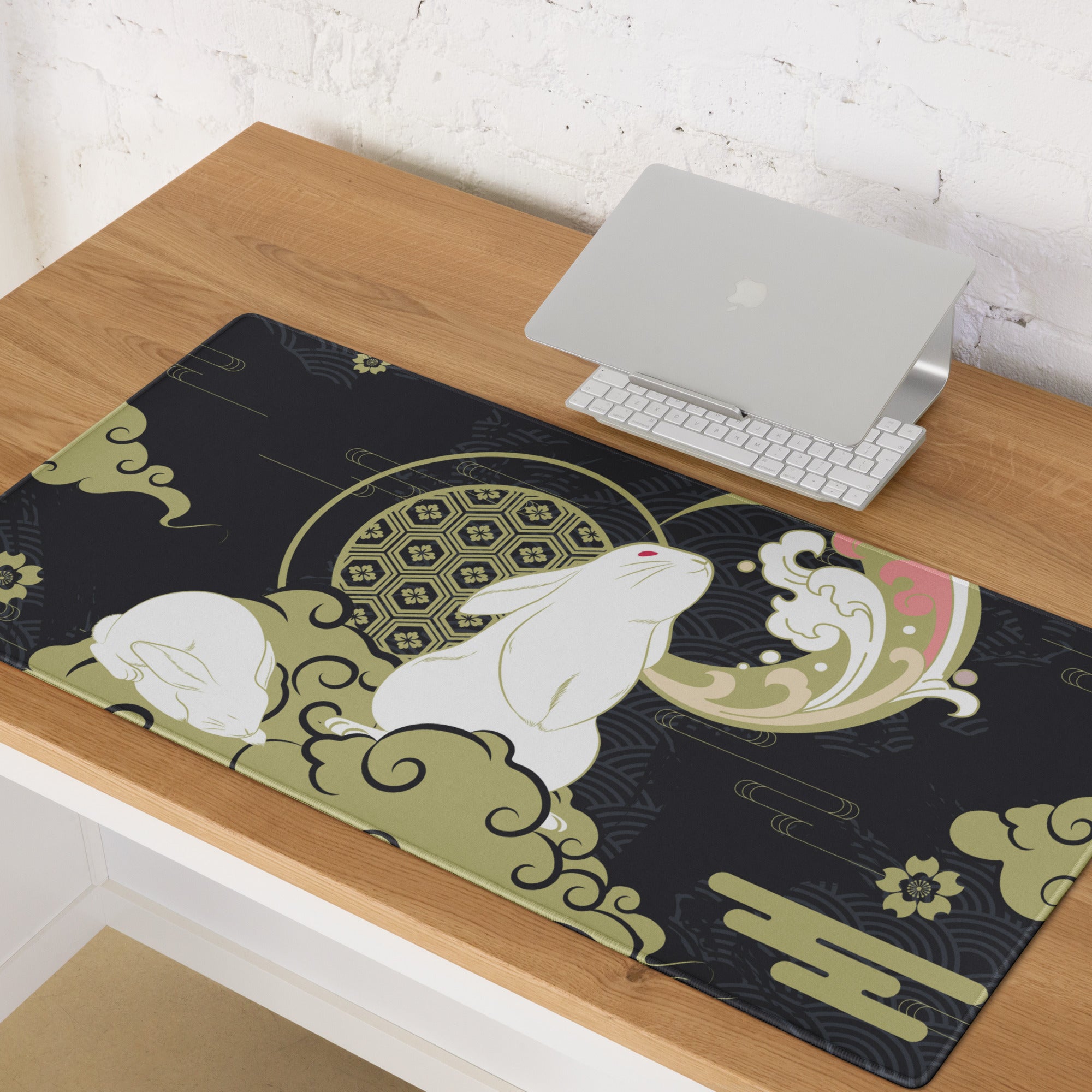Moon Rabbit Ukiyo Style Gaming Pad - Gaming Mouse Pad Black Gold Ivory Desk Ukiyoe Desk Mat For Gamers Digital Print