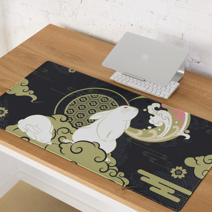 Moon Rabbit Ukiyo Style Gaming Pad - Gaming Mouse Pad Black Gold Ivory Desk Ukiyoe Desk Mat For Gamers Digital Print