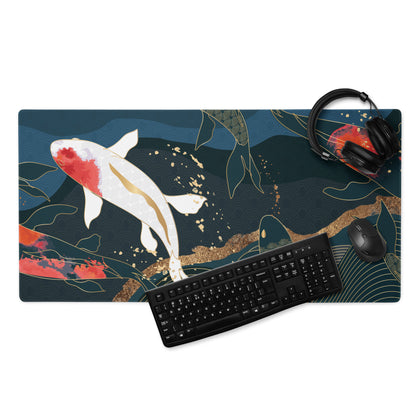 Koi Fish Zen Gaming Mouse Pad - Koi Fish Blue Gold Desk Mouse Pad Japanese Ukiyoe Soothing Mood Japanese Desk Art
