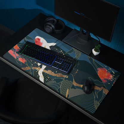 Koi Fish Zen Gaming Mouse Pad - Koi Fish Blue Gold Desk Mouse Pad Japanese Ukiyoe Soothing Mood Japanese Desk Art