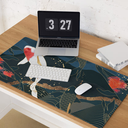 Koi Fish Zen Gaming Mouse Pad - Koi Fish Blue Gold Desk Mouse Pad Japanese Ukiyoe Soothing Mood Japanese Desk Art