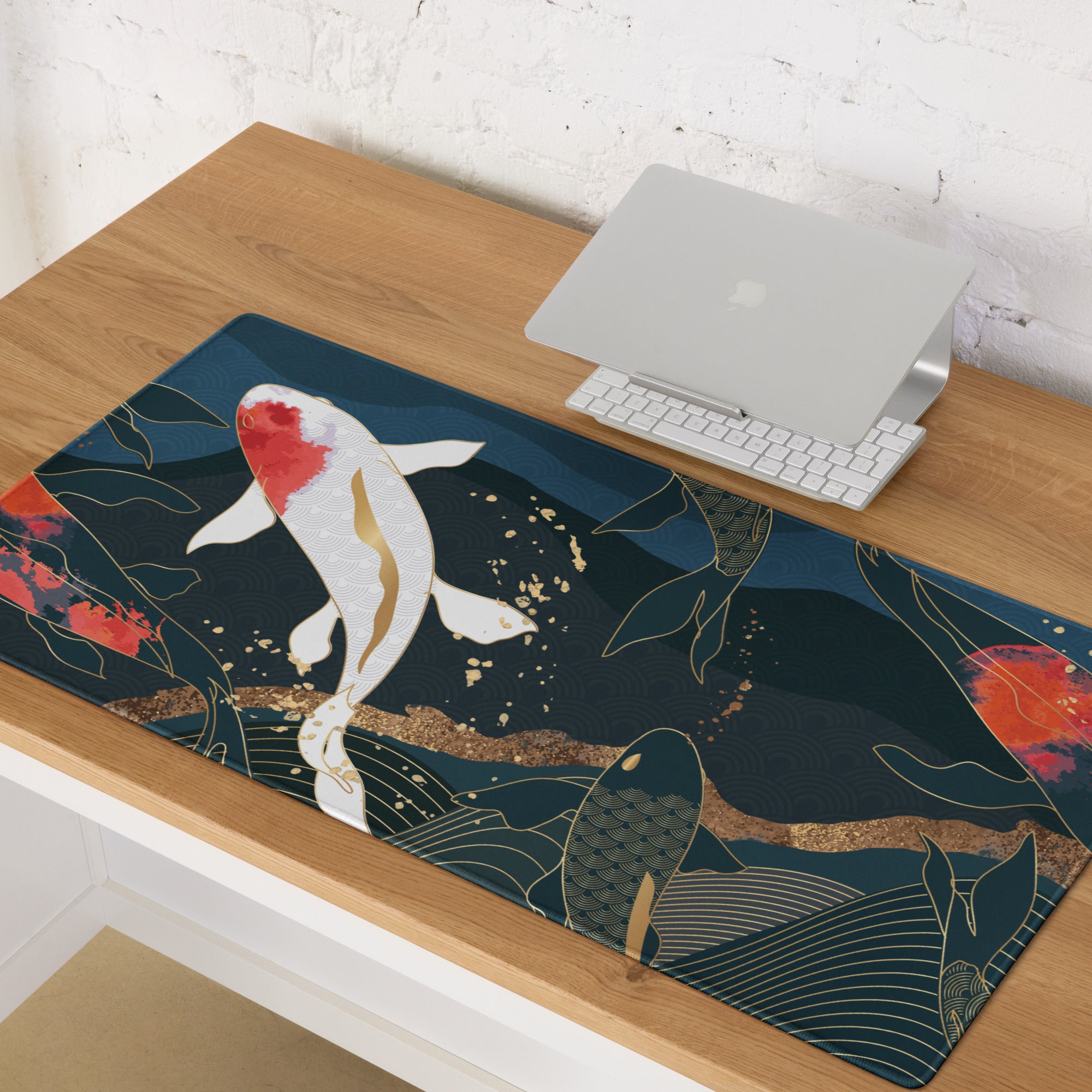 Koi Fish Zen Gaming Mouse Pad - Koi Fish Blue Gold Desk Mouse Pad Japanese Ukiyoe Soothing Mood Japanese Desk Art