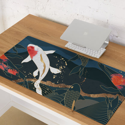 Koi Fish Zen Gaming Mouse Pad - Koi Fish Blue Gold Desk Mouse Pad Japanese Ukiyoe Soothing Mood Japanese Desk Art