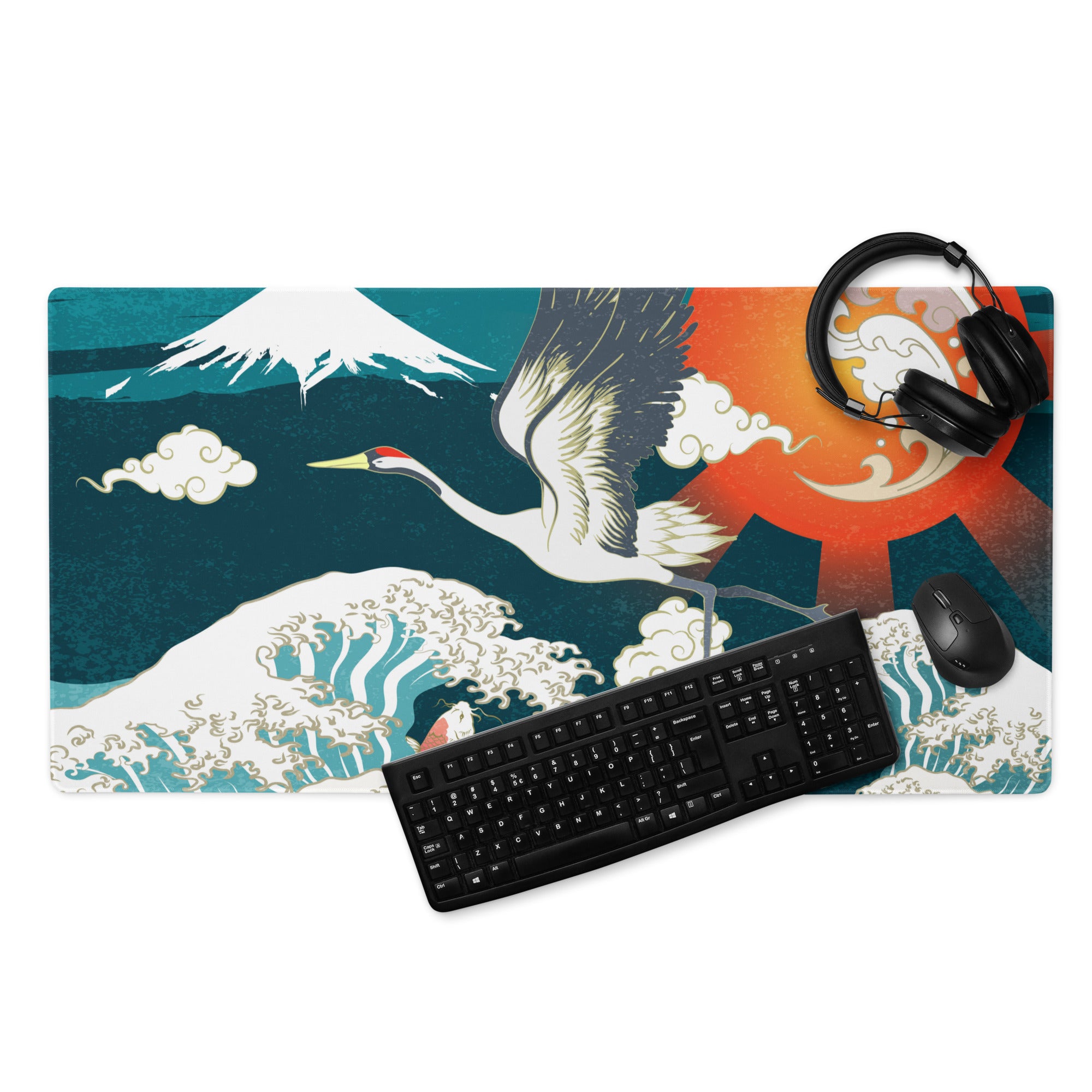 Crane Waves Ukiyo-e Desk Pad - Crane Waves Desk Pad Teal Blue White Ukiyo-e Gaming Bold Mood Japanese Decor Mouse Pad
