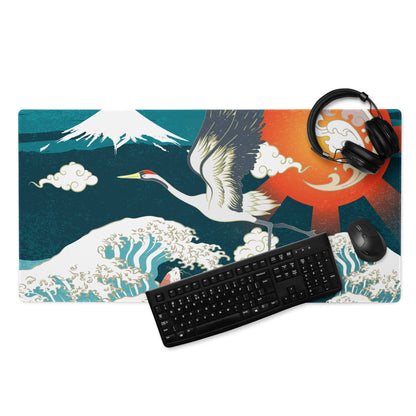 Crane Waves Ukiyo-e Desk Pad - Crane Waves Desk Pad Teal Blue White Ukiyo-e Gaming Bold Mood Japanese Decor Mouse Pad