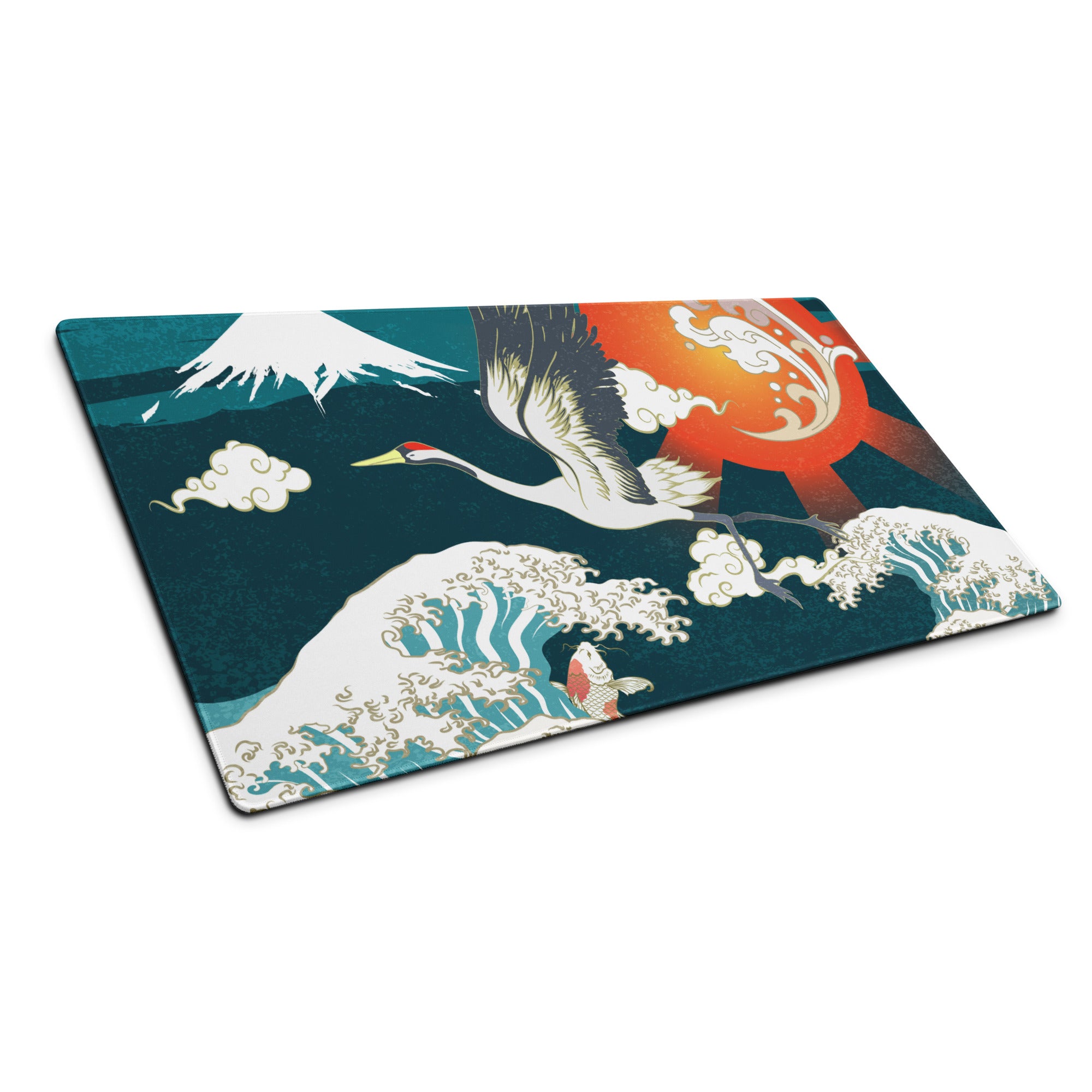 Crane Waves Ukiyo-e Desk Pad - Crane Waves Desk Pad Teal Blue White Ukiyo-e Gaming Bold Mood Japanese Decor Mouse Pad
