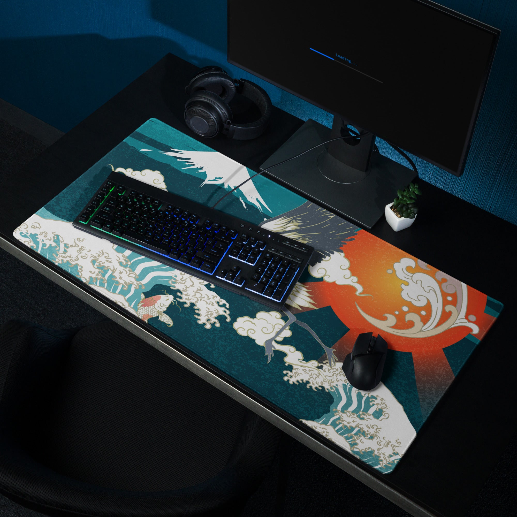 Crane Waves Ukiyo-e Desk Pad - Crane Waves Desk Pad Teal Blue White Ukiyo-e Gaming Bold Mood Japanese Decor Mouse Pad