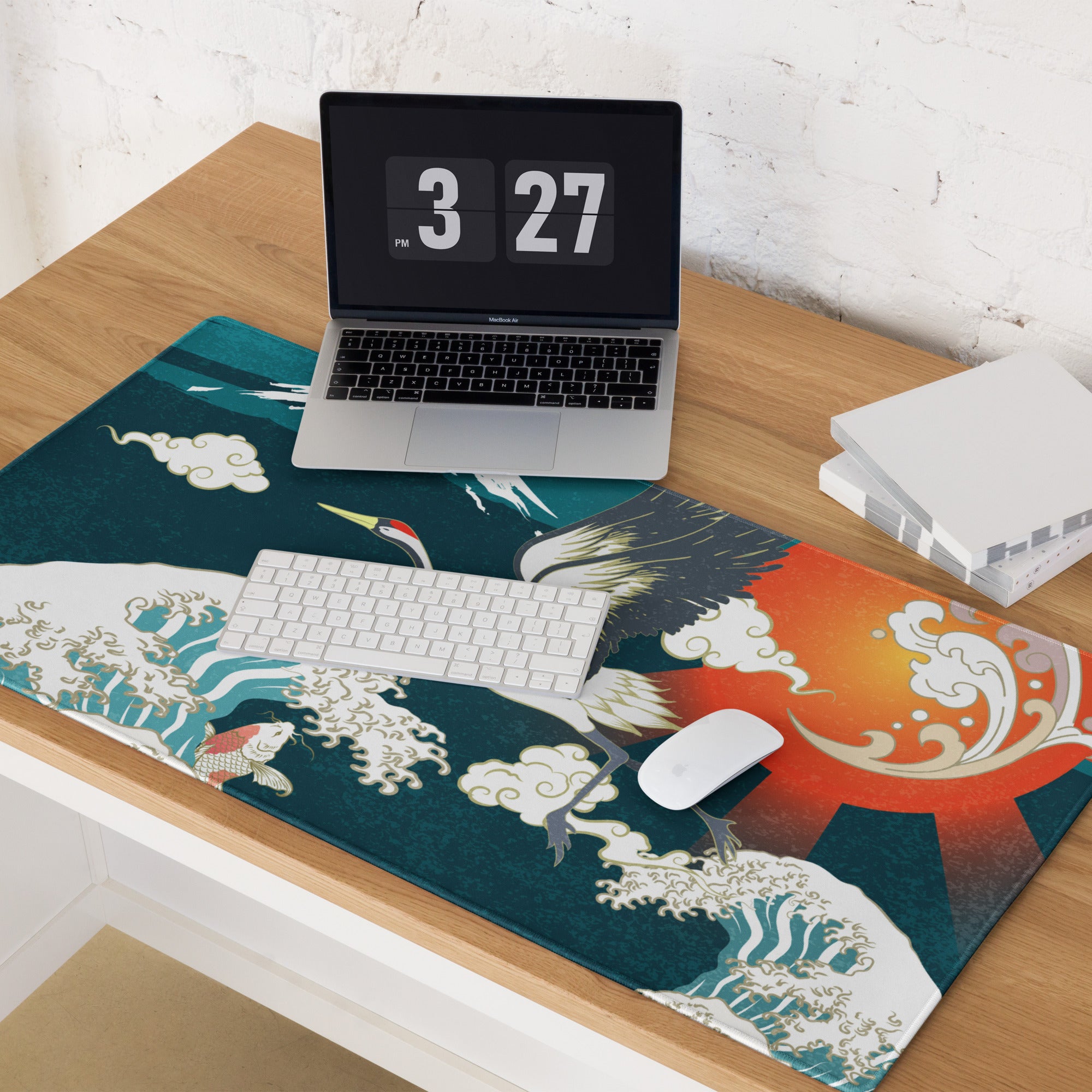Crane Waves Ukiyo-e Desk Pad - Crane Waves Desk Pad Teal Blue White Ukiyo-e Gaming Bold Mood Japanese Decor Mouse Pad