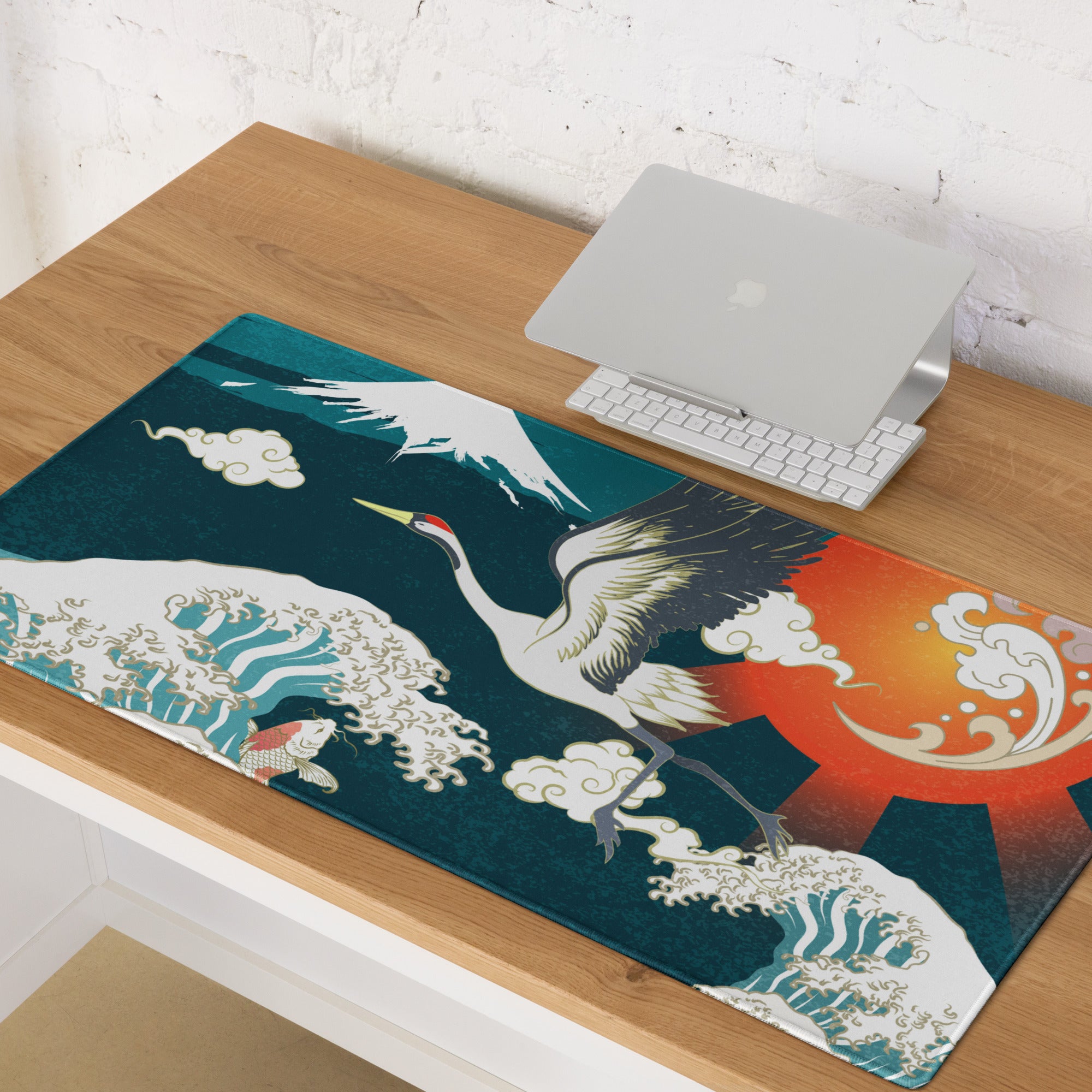 Crane Waves Ukiyo-e Desk Pad - Crane Waves Desk Pad Teal Blue White Ukiyo-e Gaming Bold Mood Japanese Decor Mouse Pad