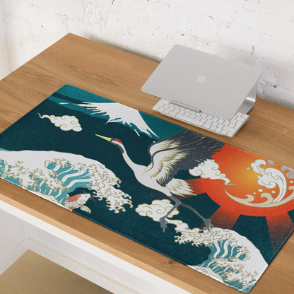 Crane Waves Ukiyo-e Desk Pad - Crane Waves Desk Pad Teal Blue White Ukiyo-e Gaming Bold Mood Japanese Decor Mouse Pad
