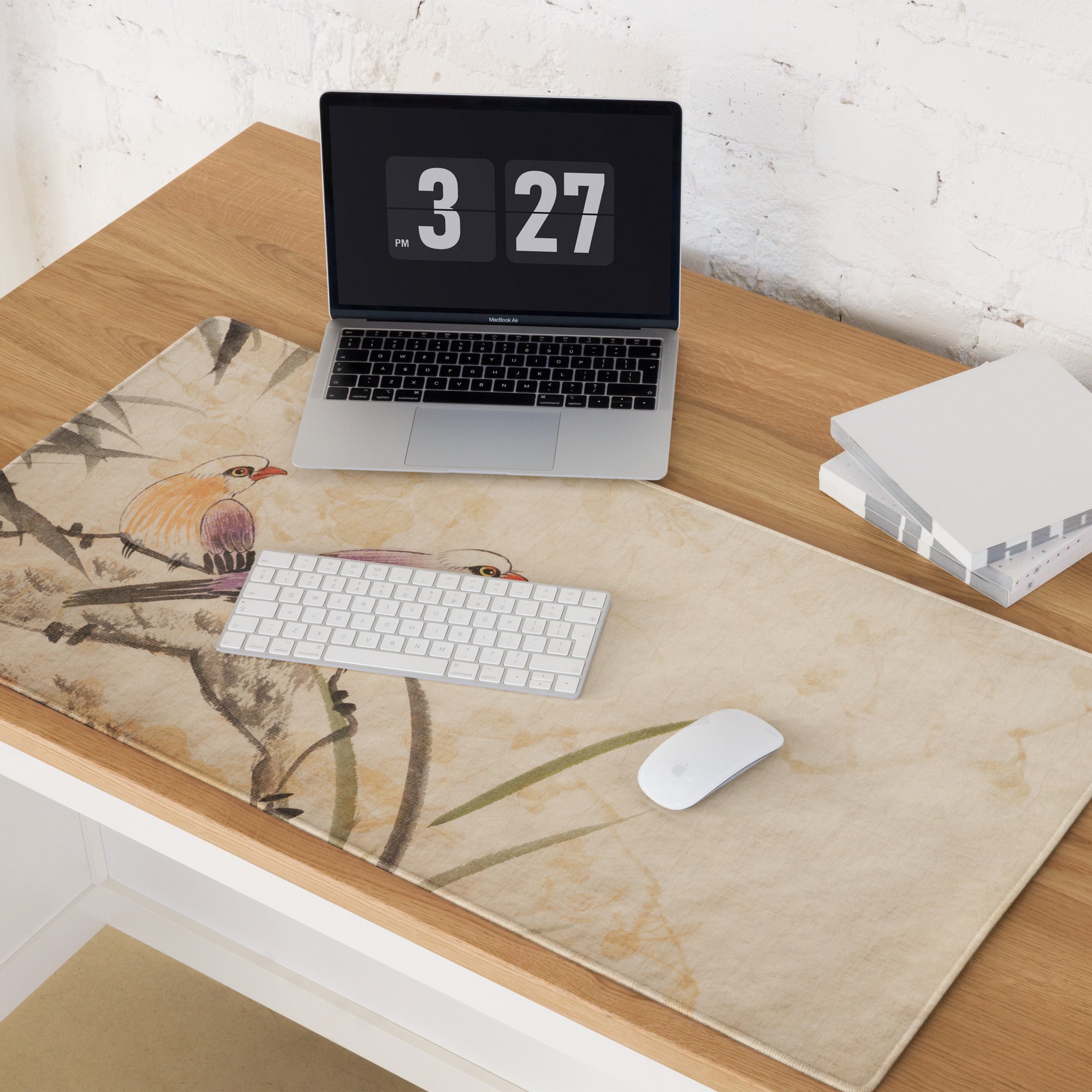 Vintage Bird Illustration Mouse Pad - Bird Illustration Beige Desk Vintage - Nostalgic Mood Rustic Vintage Desk Mat Art